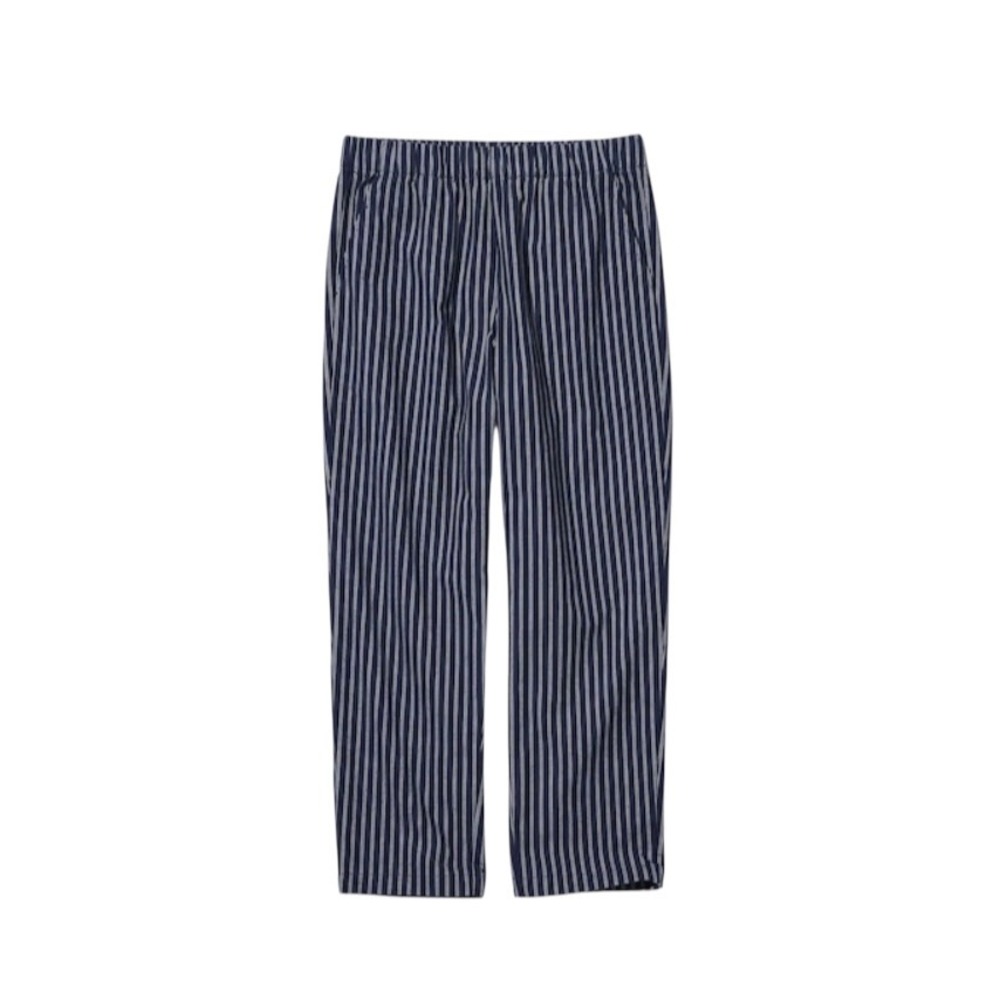 Uniqlo Women Navy Blue Pinstripe Cotton Straight Leg Pants Elastic Waist Medium